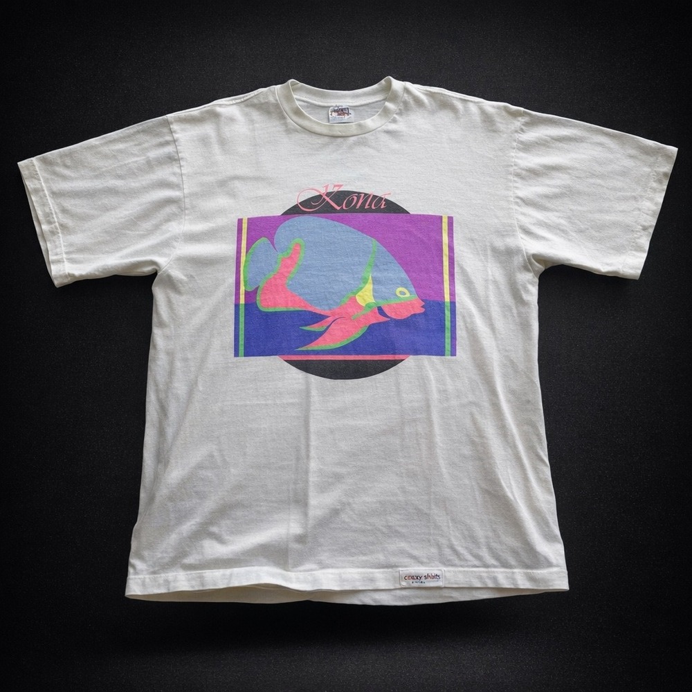 90s Crazy Shirt Kona Hawaii Mens Large White Cotton Surf Retro Neon S Stitch
